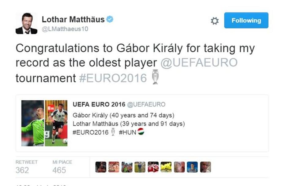 Il record, fino a oggi, apparteneva a Lothar Matthus, sceso in campo con la sua Germania a 39 anni: l&#39;ex interista si complimenta su Twitter